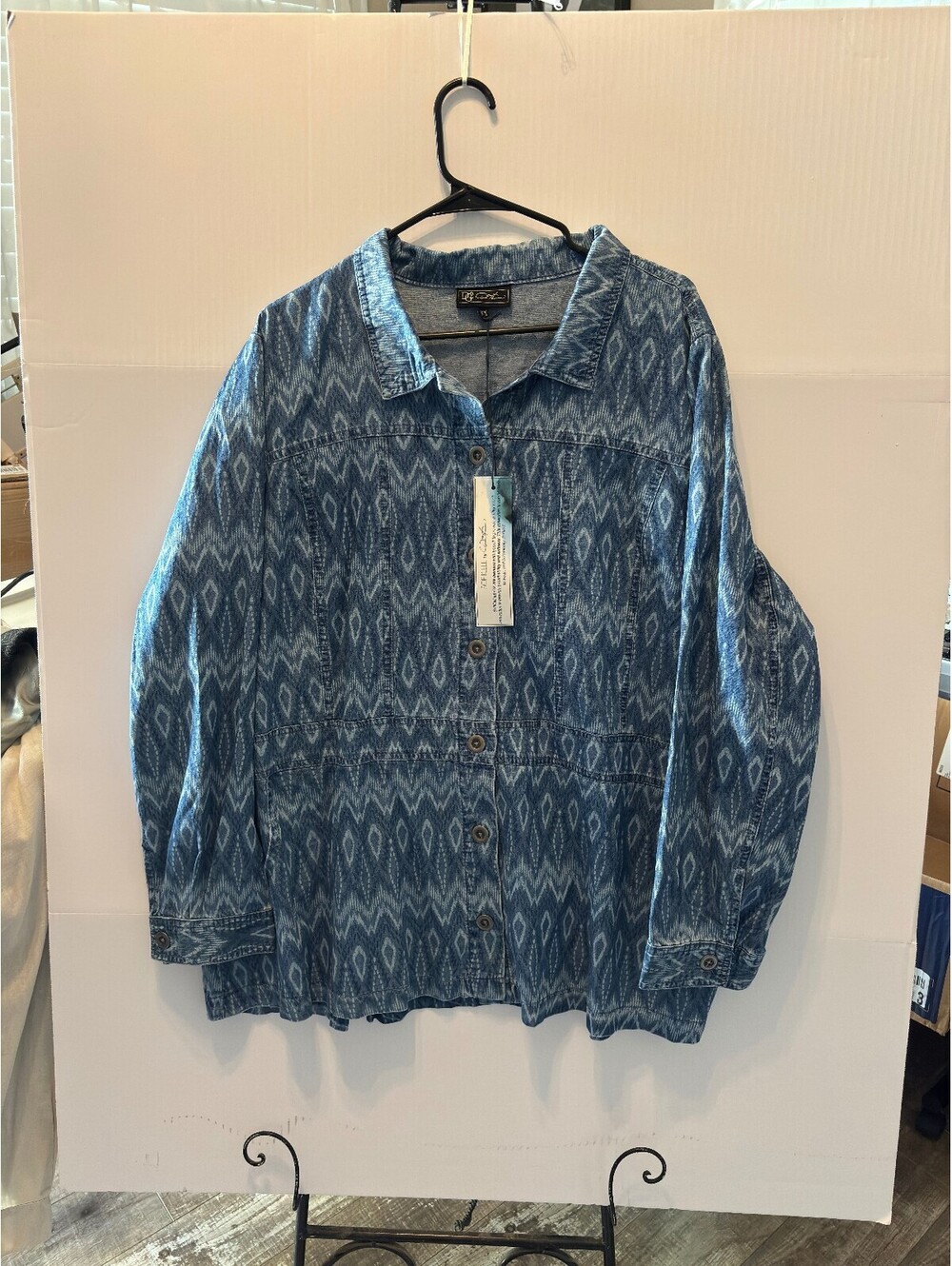 Womens Blue Geometric Print Button Front Long Sleeve Top Size 3X